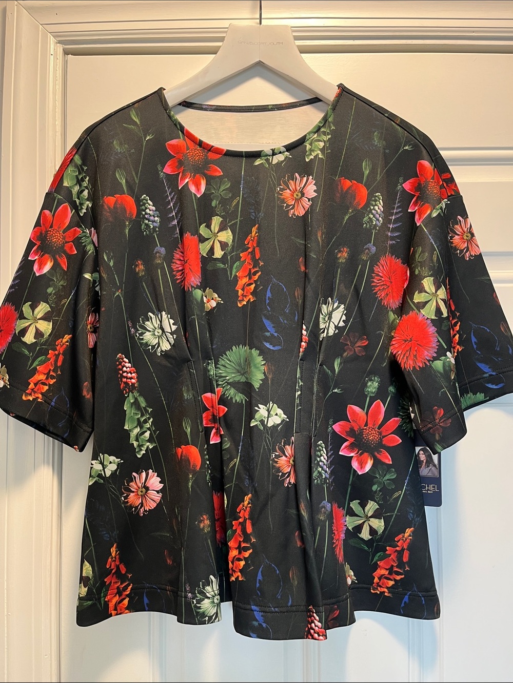 RACHEL Rachel Roy Black Floral Tunic Top with Red & Green Blooms
